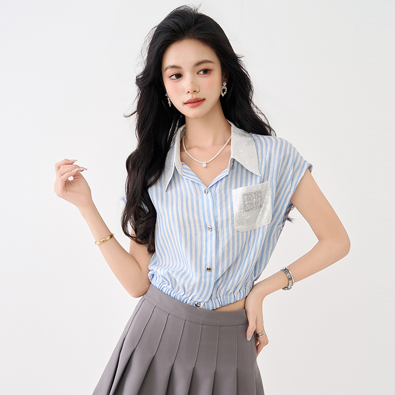 Short sleeve unique tops summer blue shirt for women