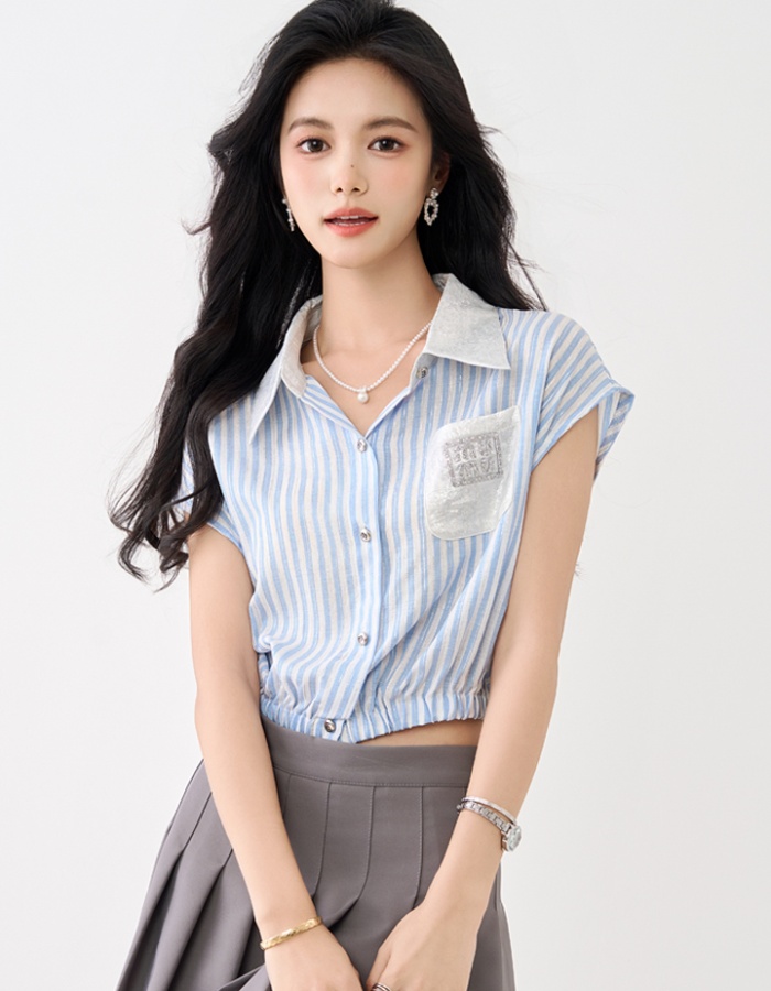 Short sleeve unique tops summer blue shirt for women