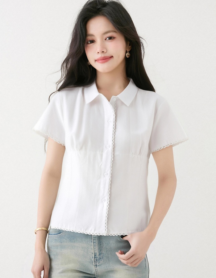 Pinched waist college style short tops summer slim shirt