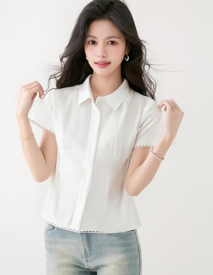 Pinched waist college style short tops summer slim shirt