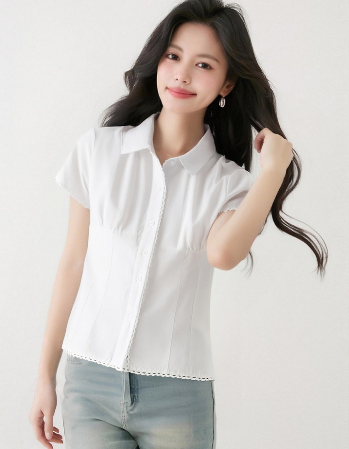 Pinched waist college style short tops summer slim shirt