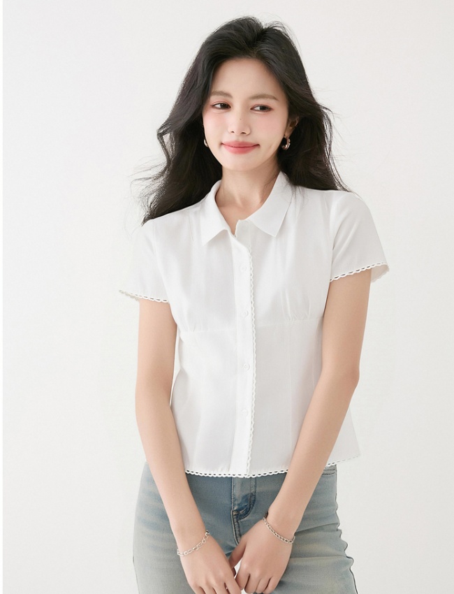 Pinched waist college style short tops summer slim shirt