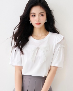 Hollow short sleeve bow T-shirt summer lace splice tops