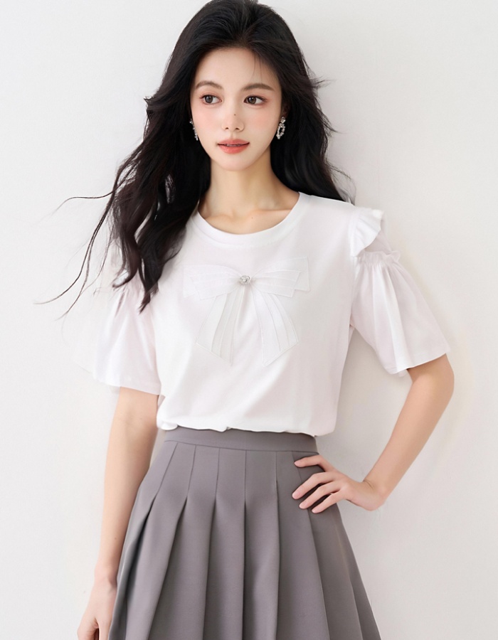 Hollow short sleeve bow T-shirt summer lace splice tops