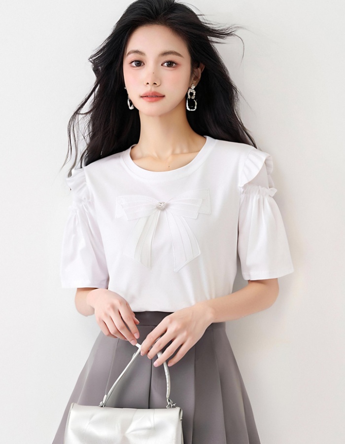 Hollow short sleeve bow T-shirt summer lace splice tops
