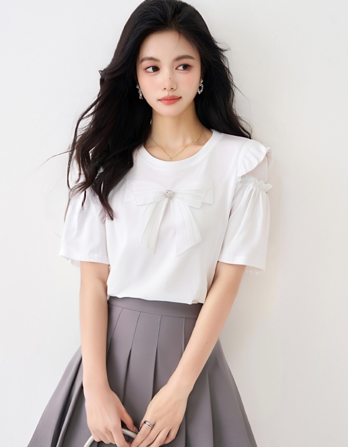 Hollow short sleeve bow T-shirt summer lace splice tops