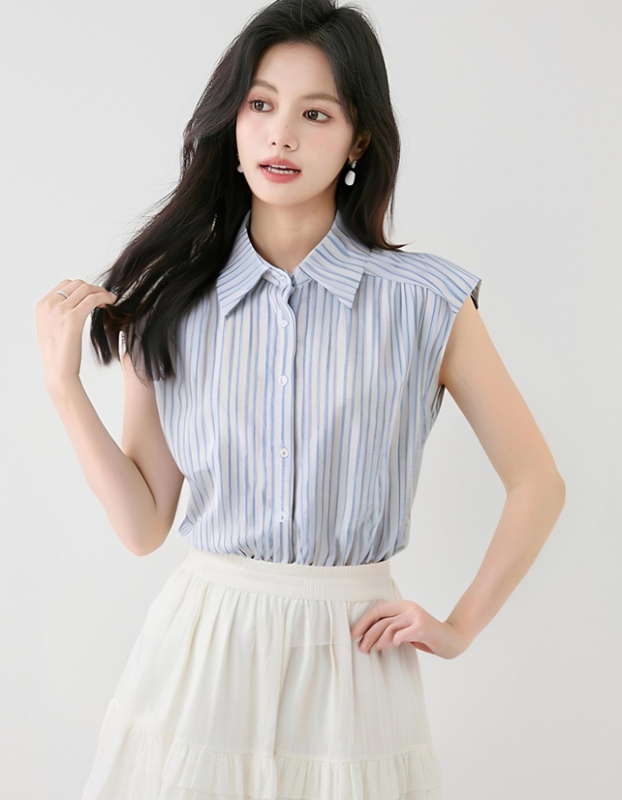 Thin Korean style Casual tops stripe loose blue-white shirt