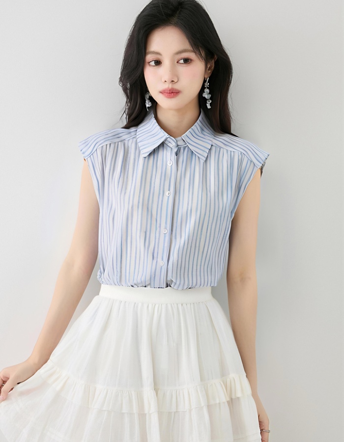 Thin Korean style Casual tops stripe loose blue-white shirt