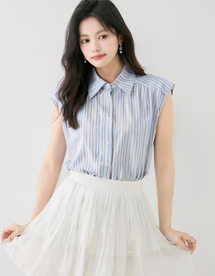 Thin Korean style Casual tops stripe loose blue-white shirt