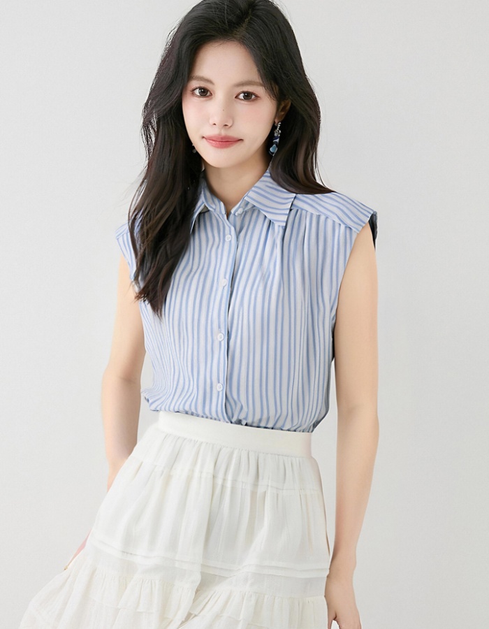 Thin Korean style Casual tops stripe loose blue-white shirt