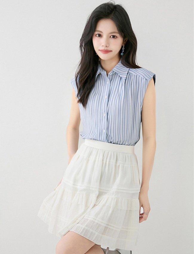 Thin Korean style Casual tops stripe loose blue-white shirt