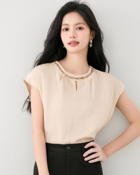 Satin France style summer tops commuting beading shirt