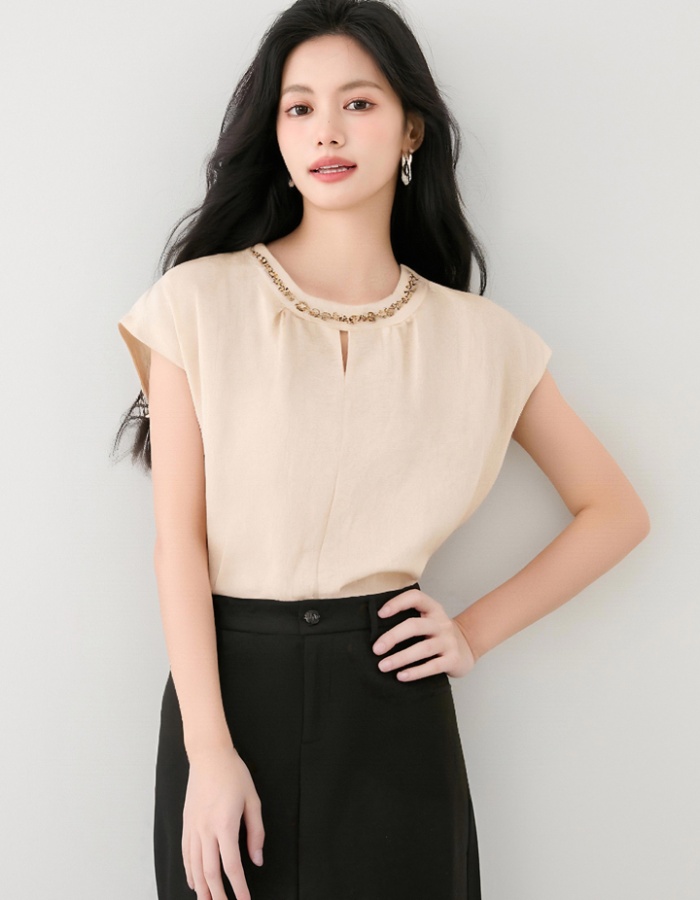 Satin France style summer tops commuting beading shirt