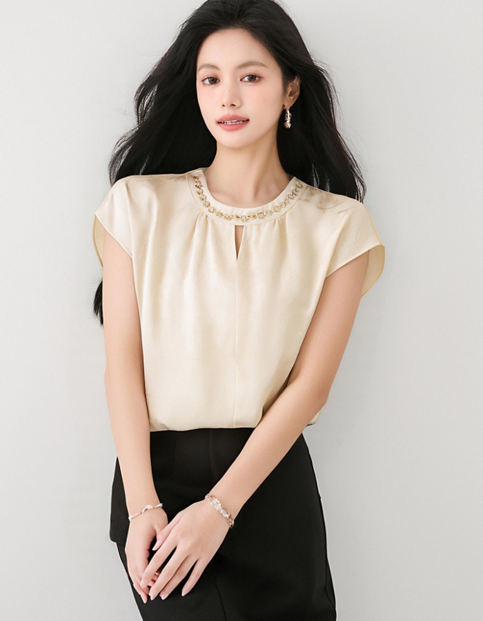 Satin France style summer tops commuting beading shirt