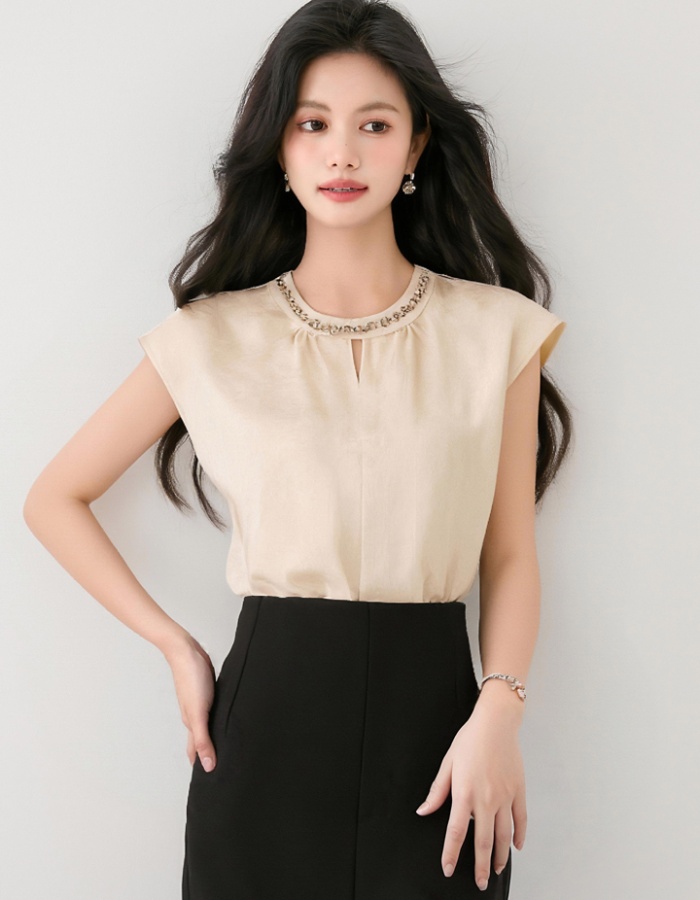 Satin France style summer tops commuting beading shirt