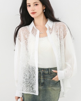 Crochet loose long sleeve tops hollow lace shirt