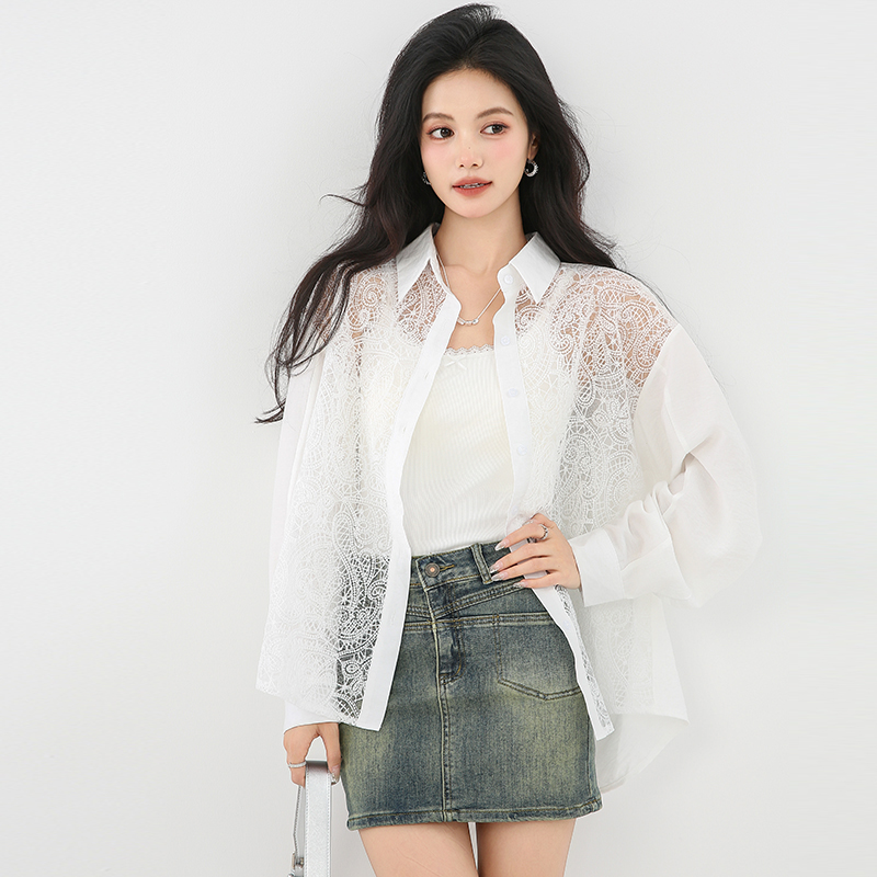 Crochet loose long sleeve tops hollow lace shirt