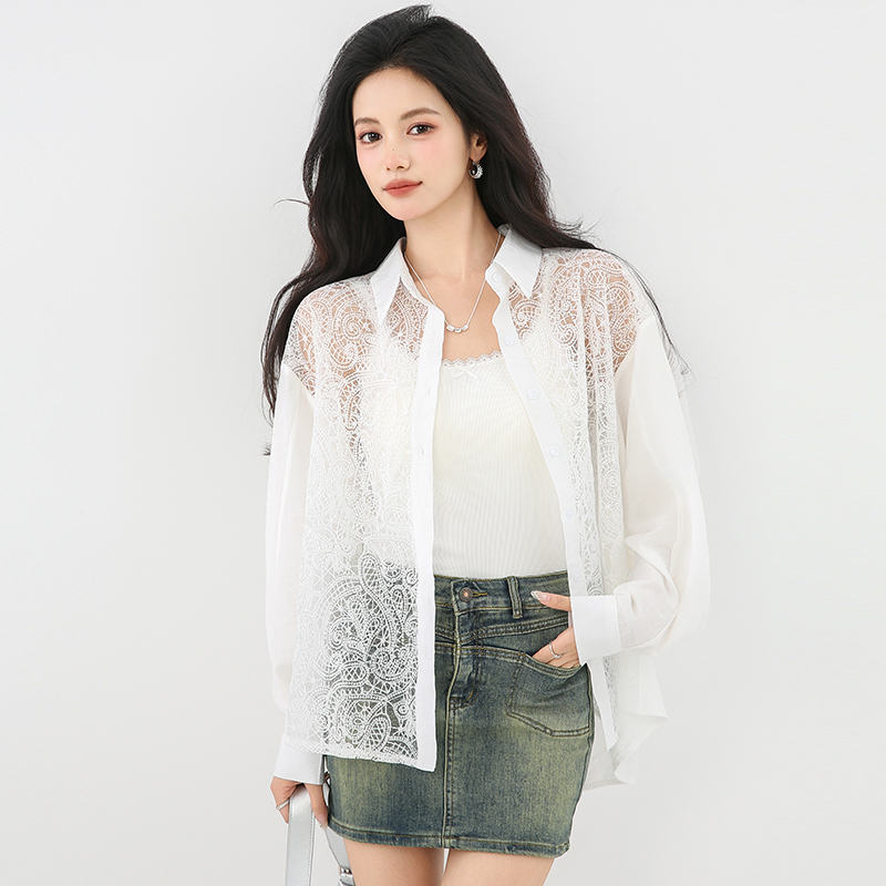 Crochet loose long sleeve tops hollow lace shirt