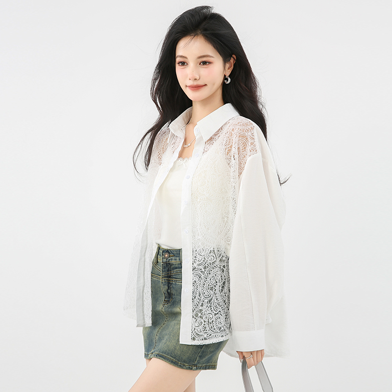 Crochet loose long sleeve tops hollow lace shirt