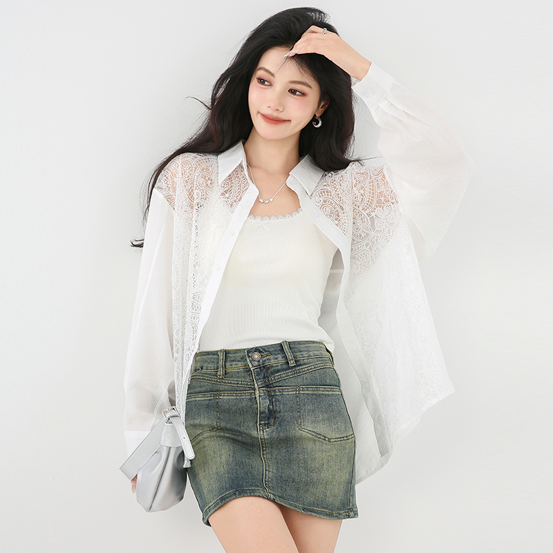 Crochet loose long sleeve tops hollow lace shirt