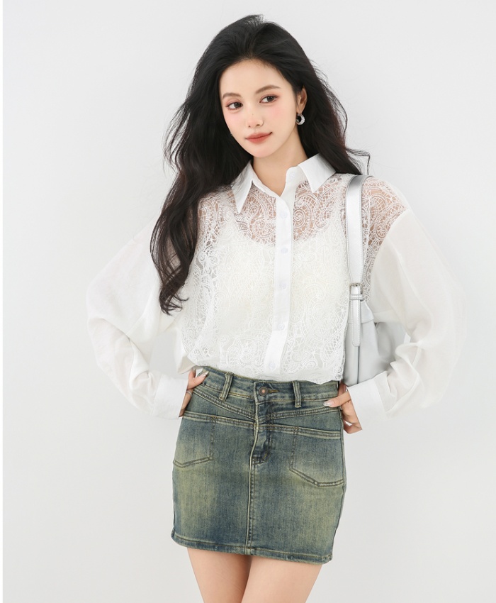 Crochet loose long sleeve tops hollow lace shirt