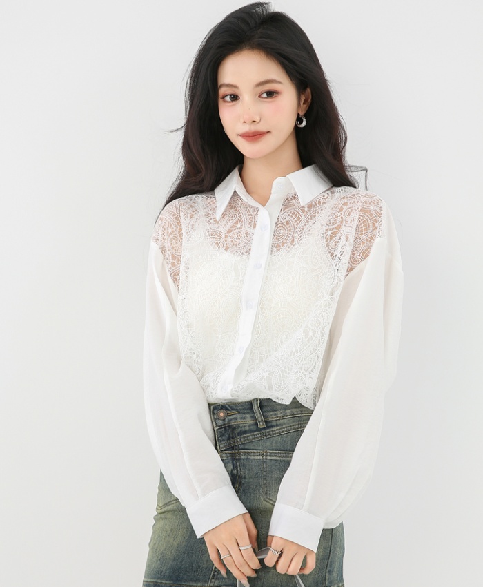 Crochet loose long sleeve tops hollow lace shirt