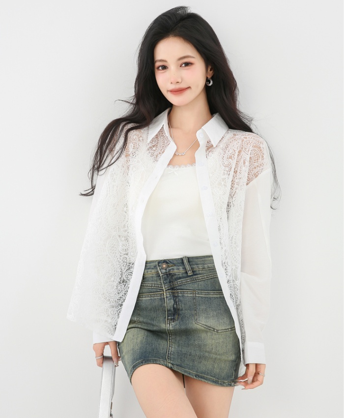 Crochet loose long sleeve tops hollow lace shirt