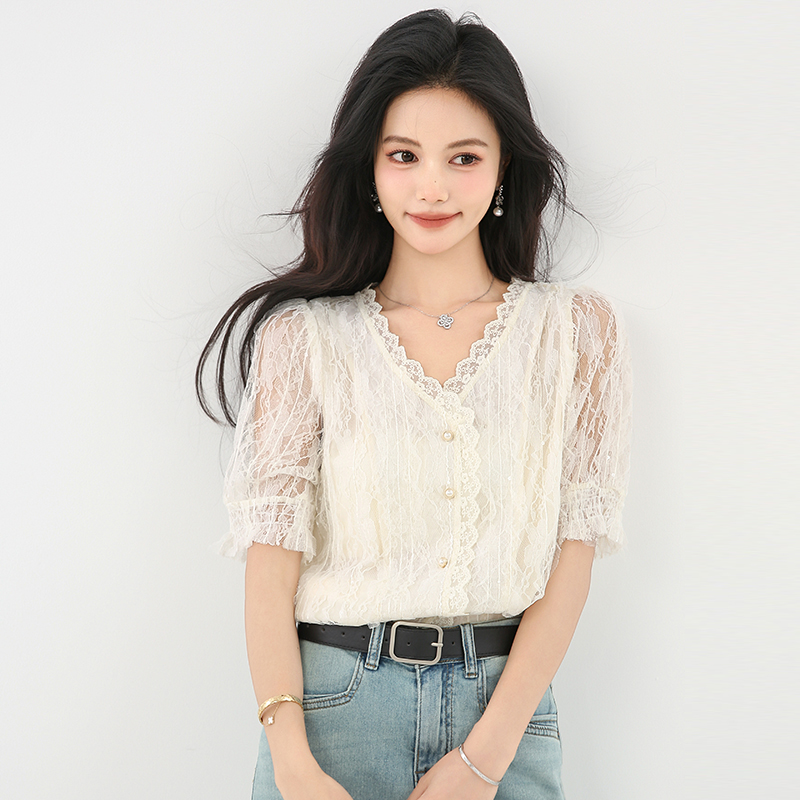 V-neck summer lace tops puff sleeve temperament shirt
