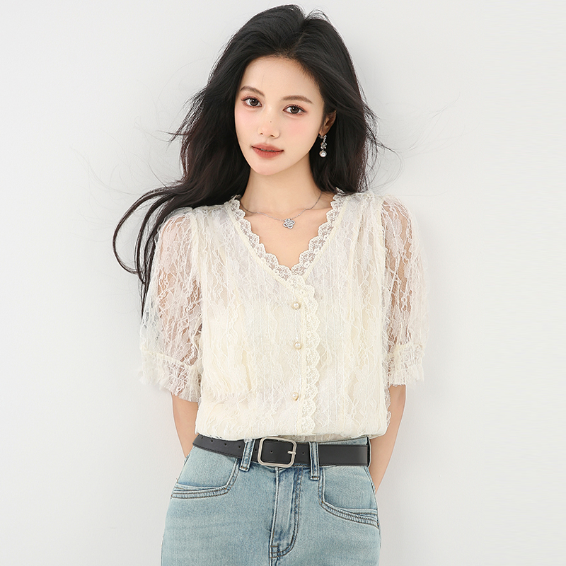 V-neck summer lace tops puff sleeve temperament shirt