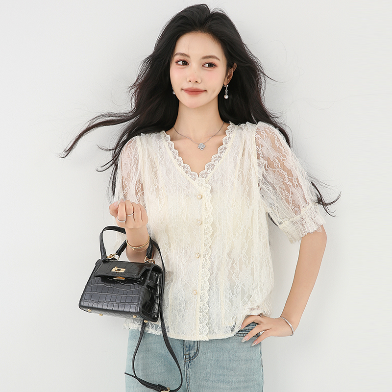 V-neck summer lace tops puff sleeve temperament shirt
