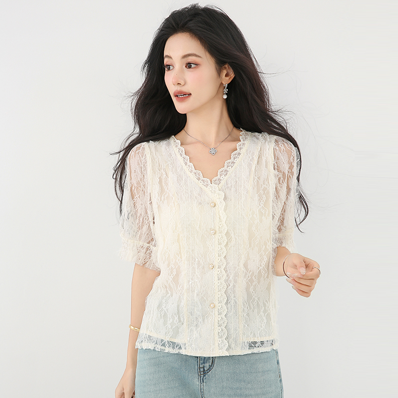V-neck summer lace tops puff sleeve temperament shirt