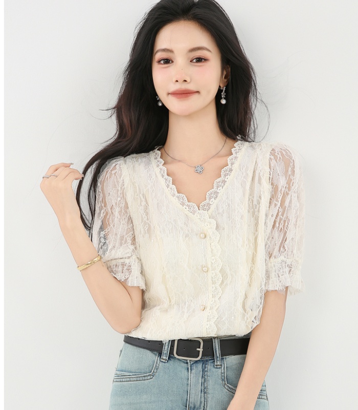 V-neck summer lace tops puff sleeve temperament shirt