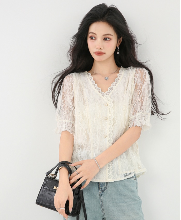 V-neck summer lace tops puff sleeve temperament shirt