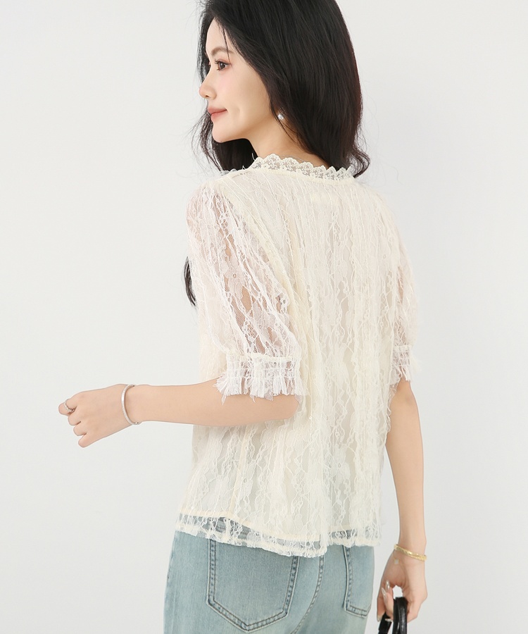 V-neck summer lace tops puff sleeve temperament shirt