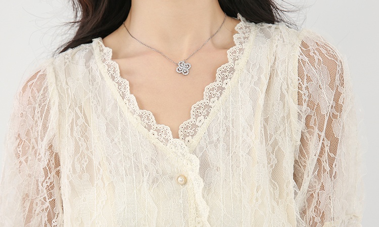 V-neck summer lace tops puff sleeve temperament shirt