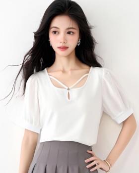Puff sleeve temperament T-shirt square collar tops for women
