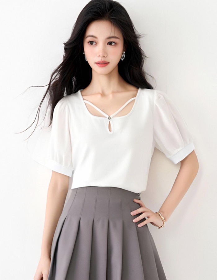 Puff sleeve temperament T-shirt square collar tops for women