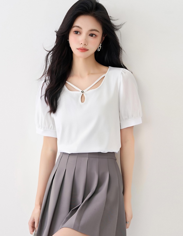 Puff sleeve temperament T-shirt square collar tops for women
