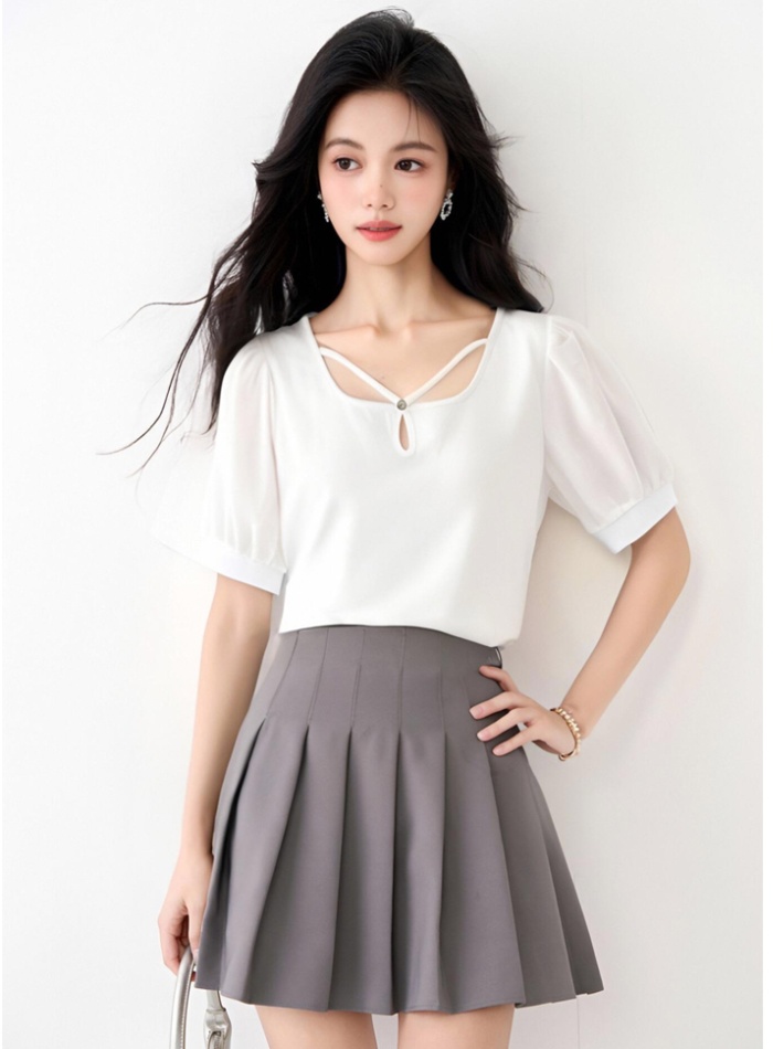 Puff sleeve temperament T-shirt square collar tops for women
