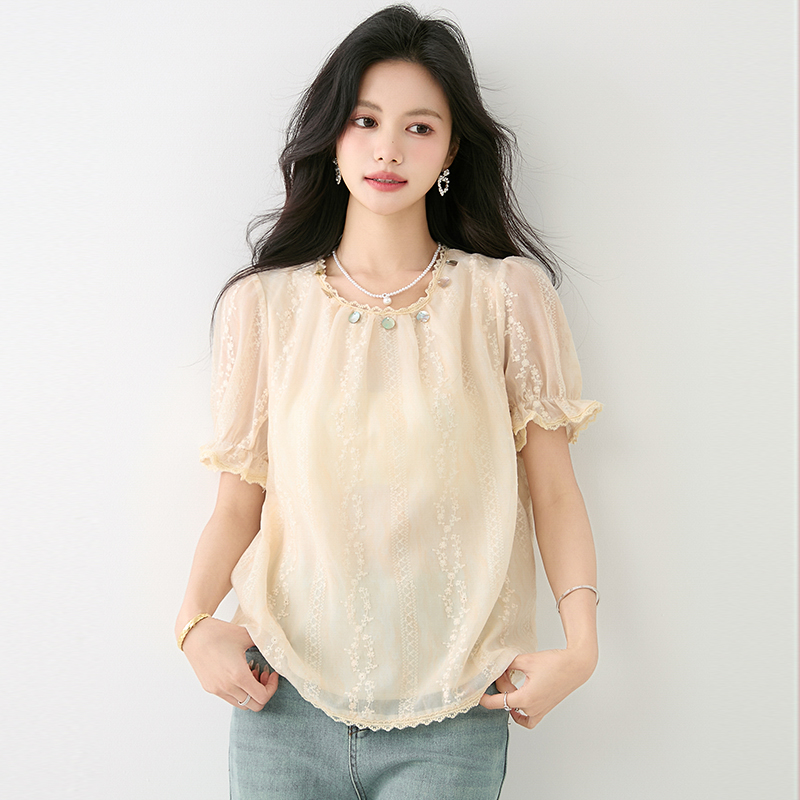 Embroidered unique chiffon shirt retro summer tops
