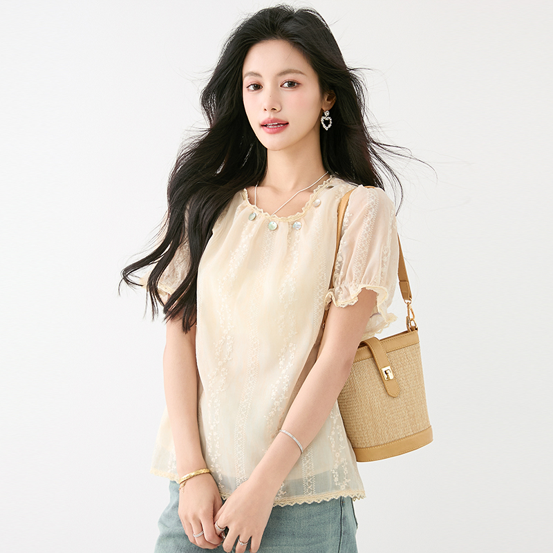 Embroidered unique chiffon shirt retro summer tops