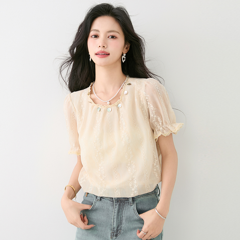 Embroidered unique chiffon shirt retro summer tops