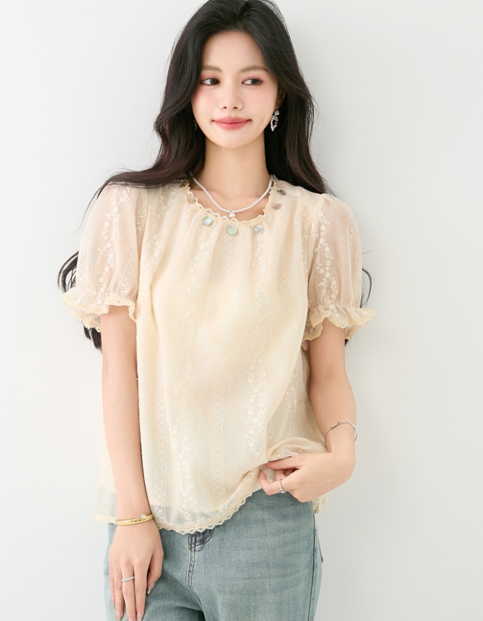 Embroidered unique chiffon shirt retro summer tops