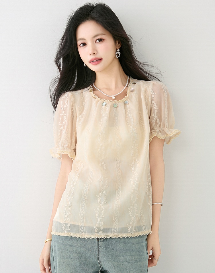 Embroidered unique chiffon shirt retro summer tops