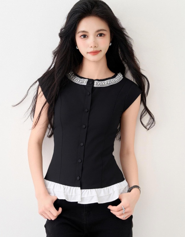 Mixed colors slim tops France style black shirt for women