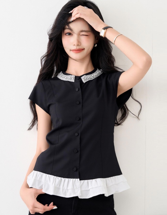 Mixed colors slim tops France style black shirt for women