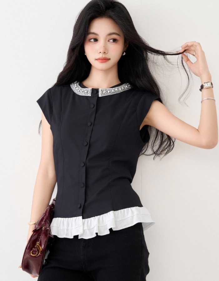 Mixed colors slim tops France style black shirt for women