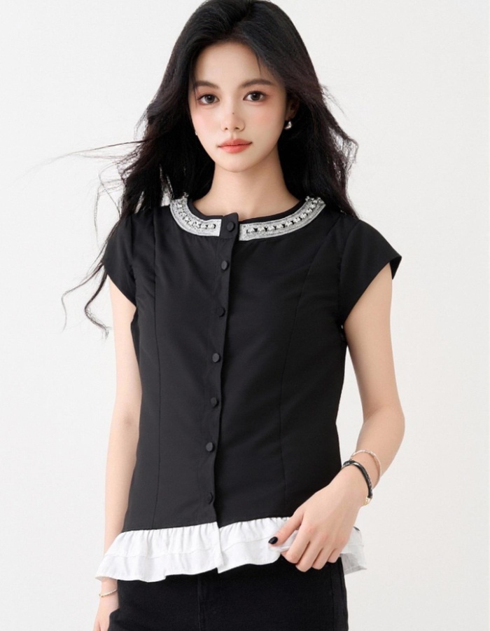 Mixed colors slim tops France style black shirt for women