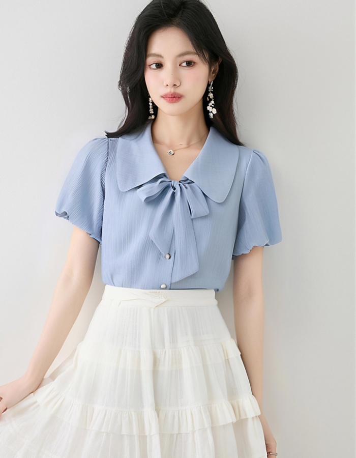 Summer slim chiffon shirt commuting blue tops for women