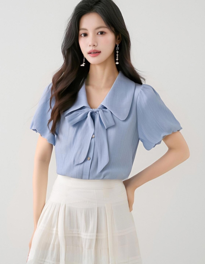 Summer slim chiffon shirt commuting blue tops for women